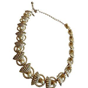 Vintage Duane Gold Tone Shell & Faux Pearl Choker Necklace 12" With Adjustable C